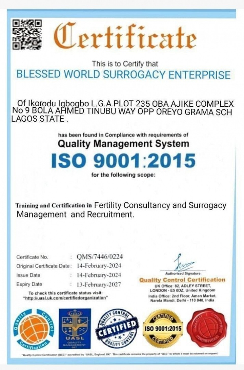 BLESSED WORLD 🌎 SURROGACY ENTERPRISE ISO CERTIFICATION