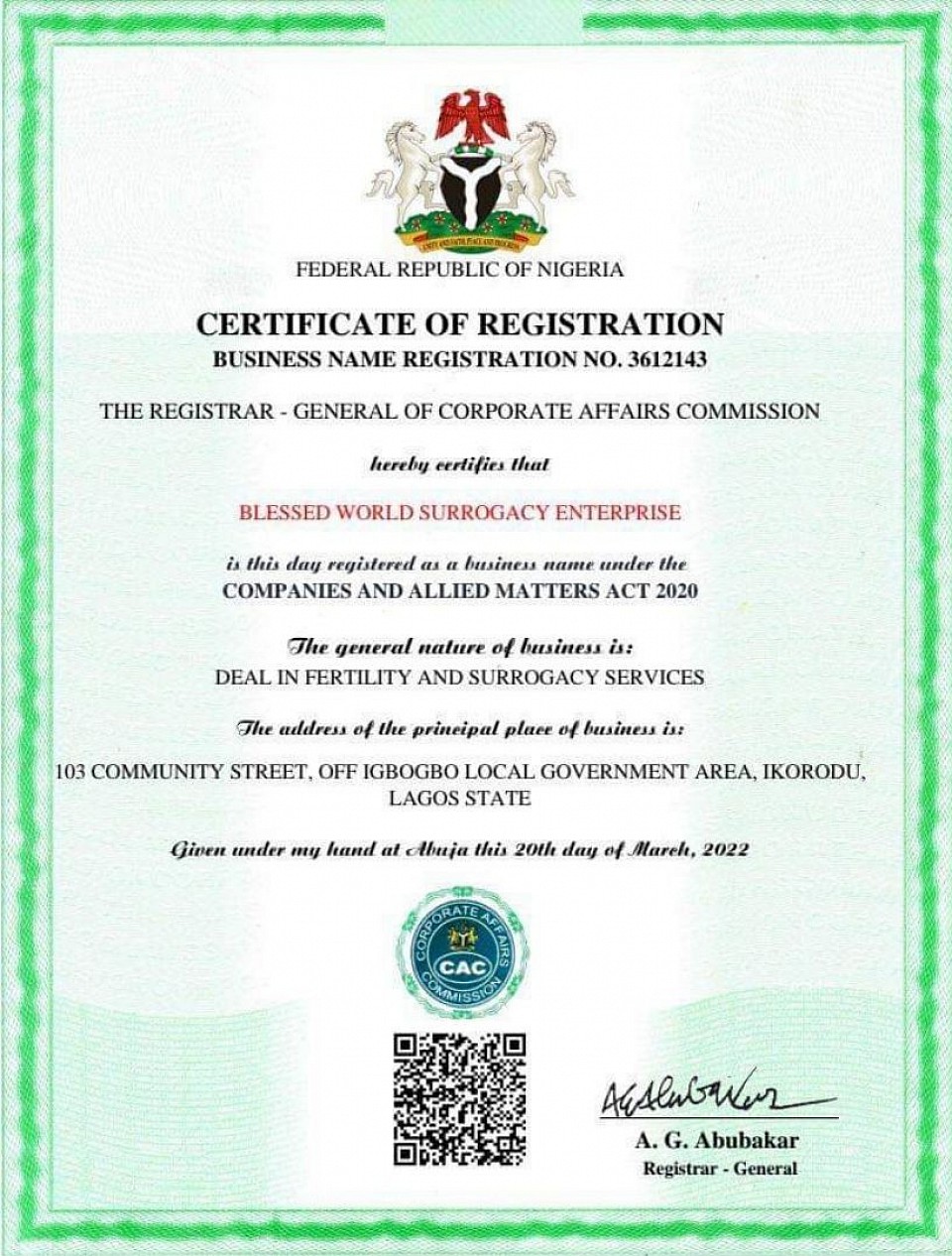 BLESSED WORLD 🌎 SURROGACY ENTERPRISE C.A.C CERTIFICATION