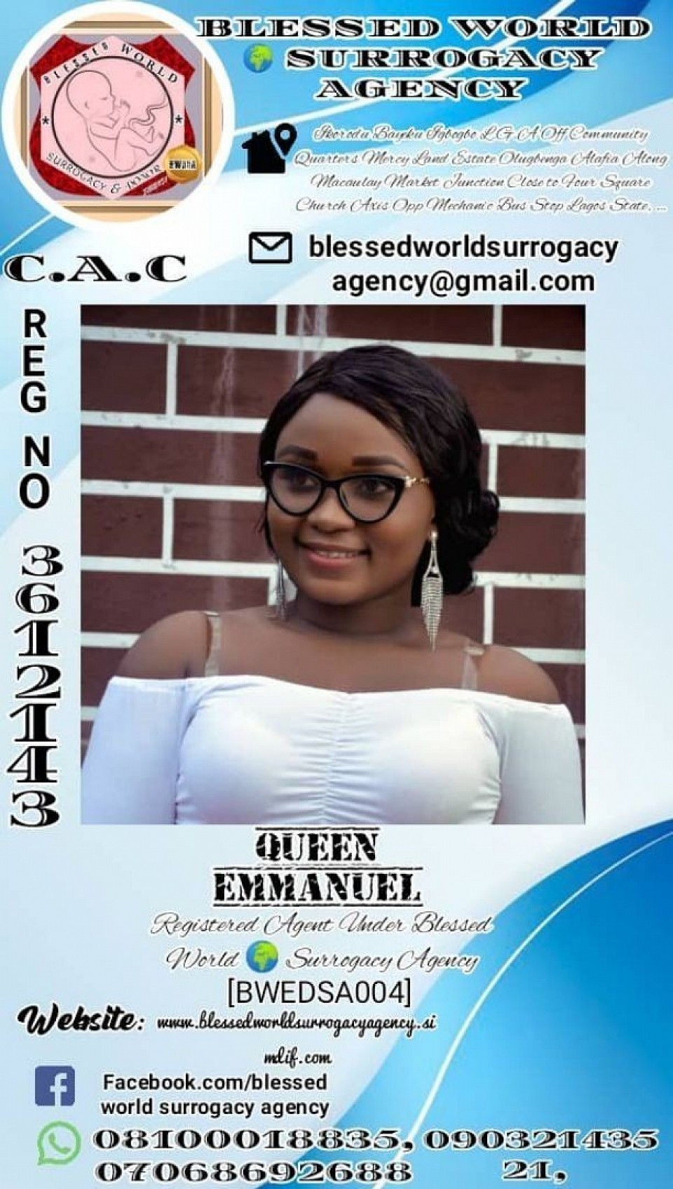 EMMANUEL QUEEN ( REGISTERED SURROGACY AGENT ) With BLESSED WORLD 🌍 SURROGACY ENTERPRISE