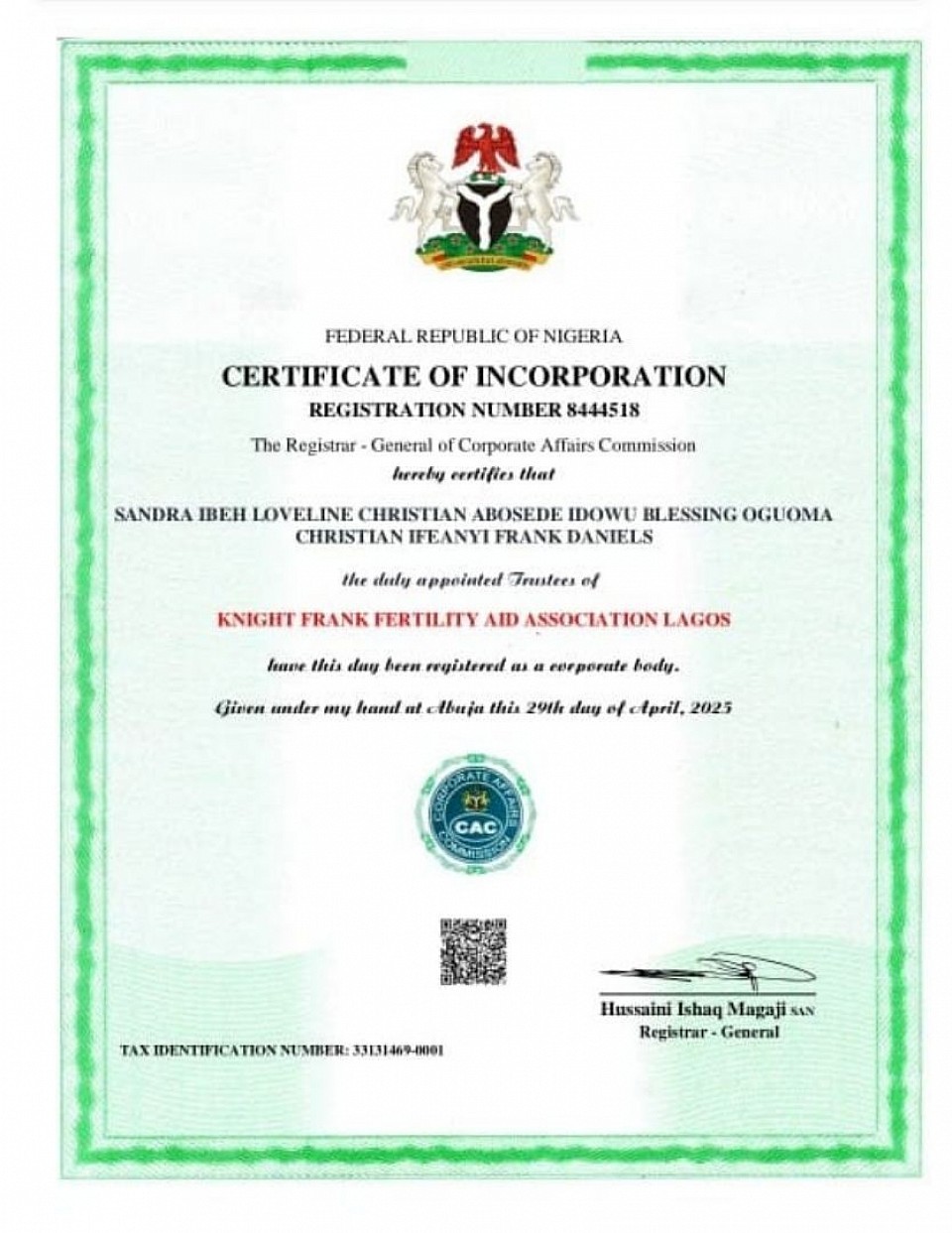 ASSOCIATION OF SURROGACY AGENCIES IN NIGERIA (ASAN) Affiliated and INCORPORATED As KNIGHT FRANK FERTILITY AID ⛑️ ASSOCIATION LAGOS (KFFAAL) C.A.C Reg No: IT - 8444518