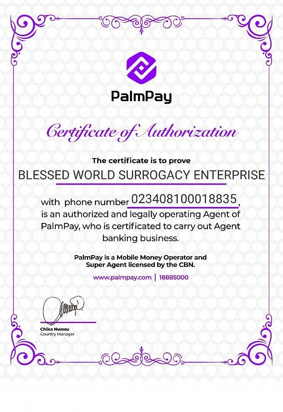 BLESSED WORLD 🌎 SURROGACY ENTERPRISE PALM PAY FINANCIAL PAYMENT CERTIFICATION