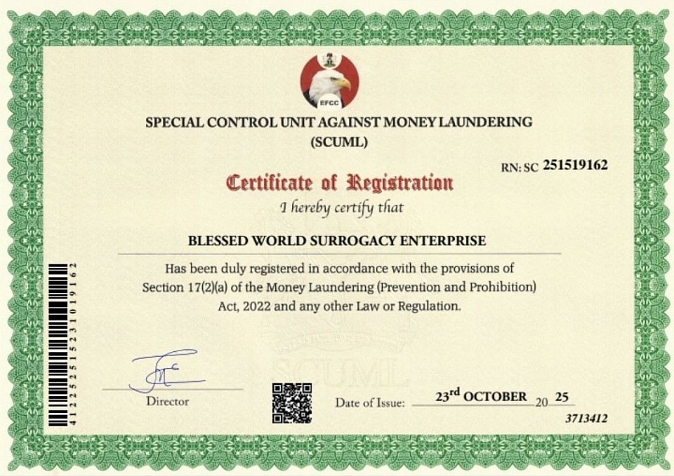 BLESSED WORLD 🌍 SURROGACY ENTERPRISE SCUML CERTIFICATION