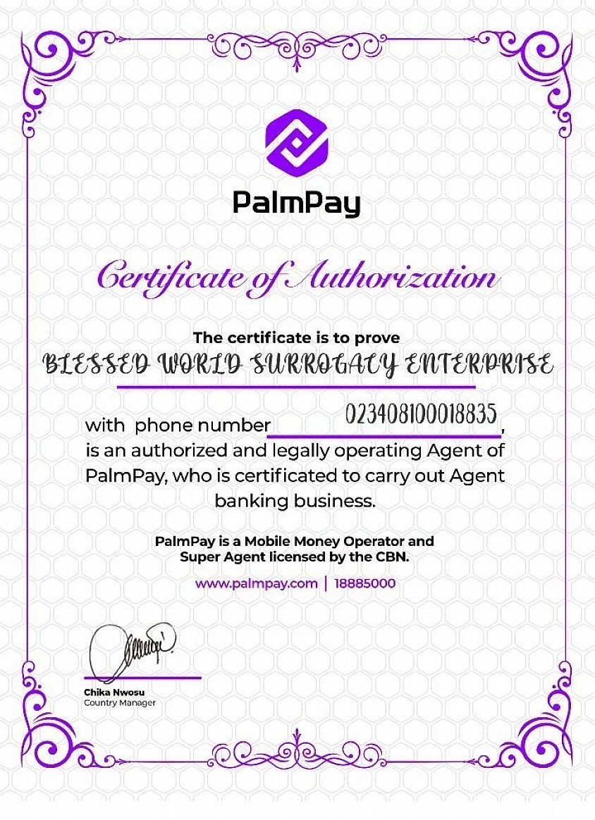 BLESSED WORLD 🌎 SURROGACY ENTERPRISE PALM PAY FINANCIAL PAYMENT CERTIFICATION