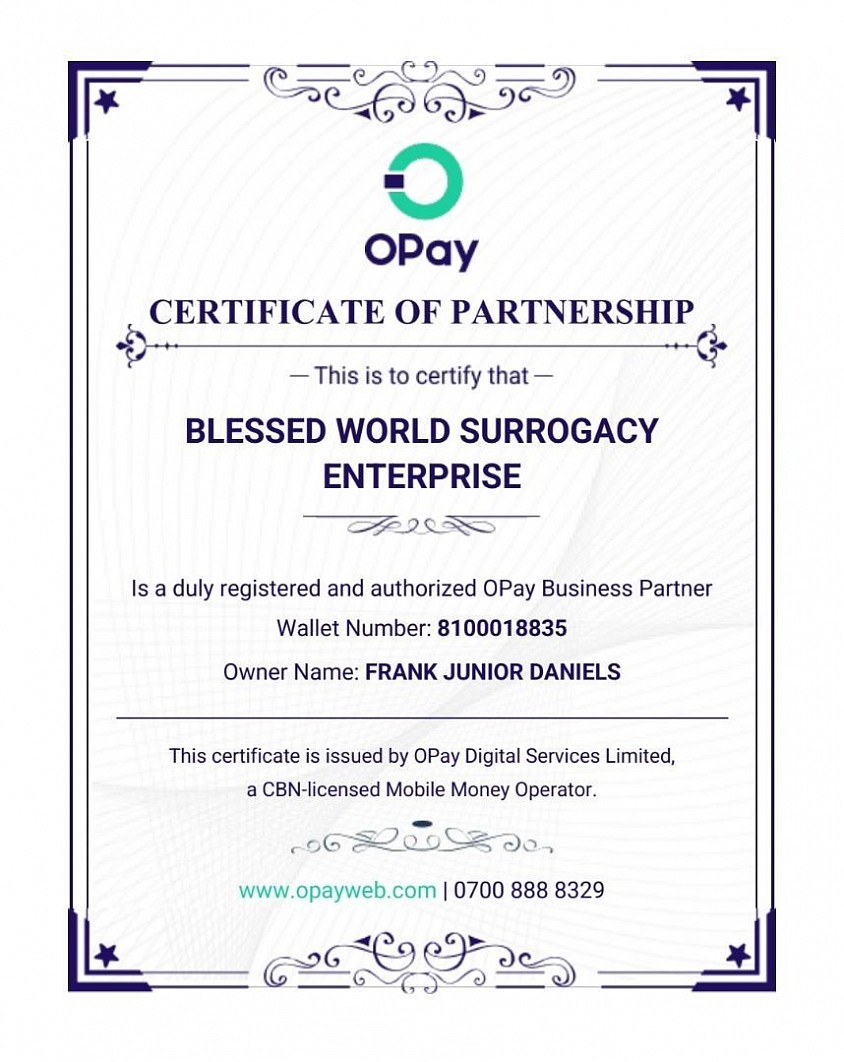 BLESSED WORLD 🌎 SURROGACY ENTERPRISE OPAY FINANCIAL PAYMENT CERTIFICATION