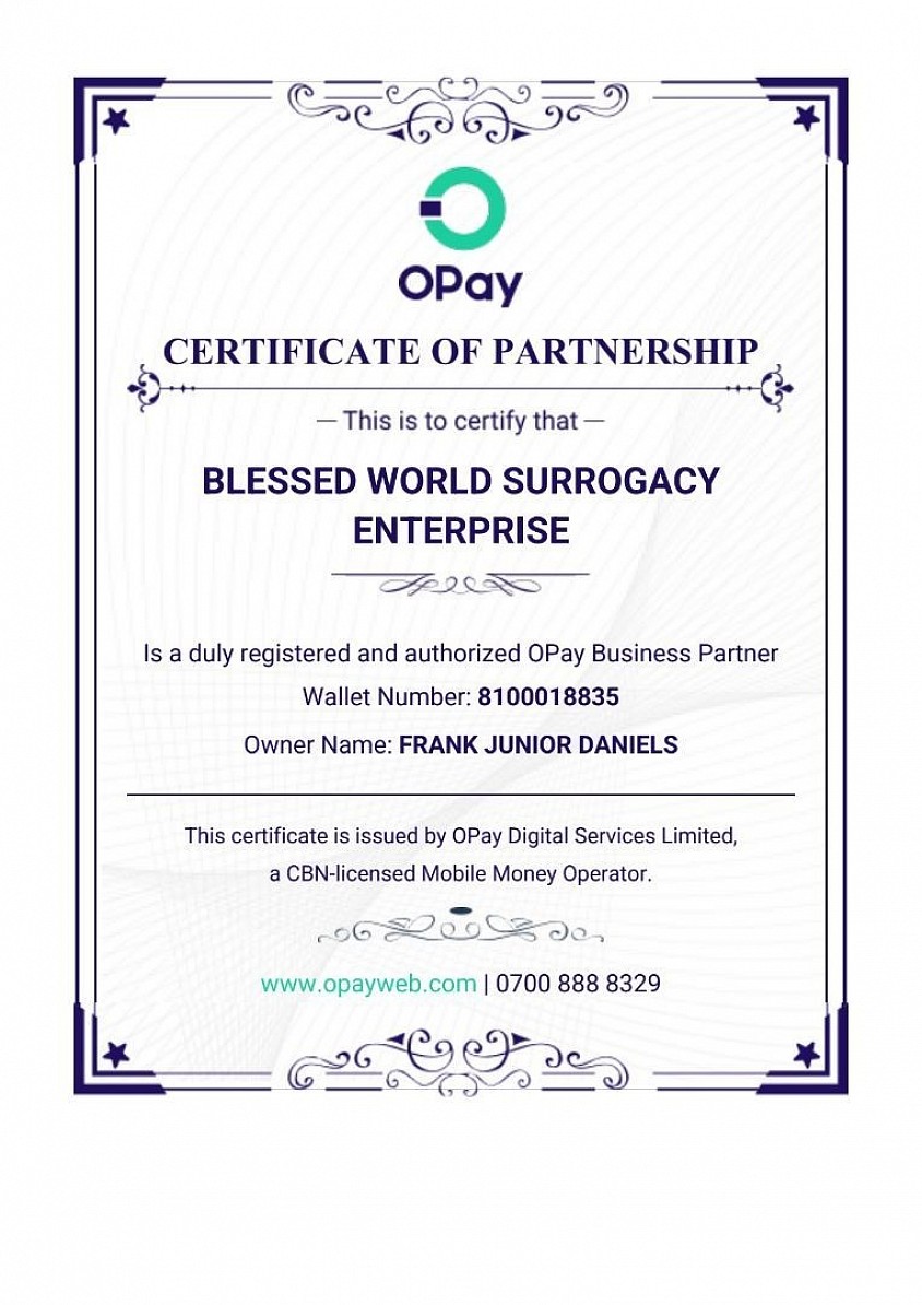 BLESSED WORLD 🌎 SURROGACY ENTERPRISE OPAY FINANCIAL PAYMENT CERTIFICATION